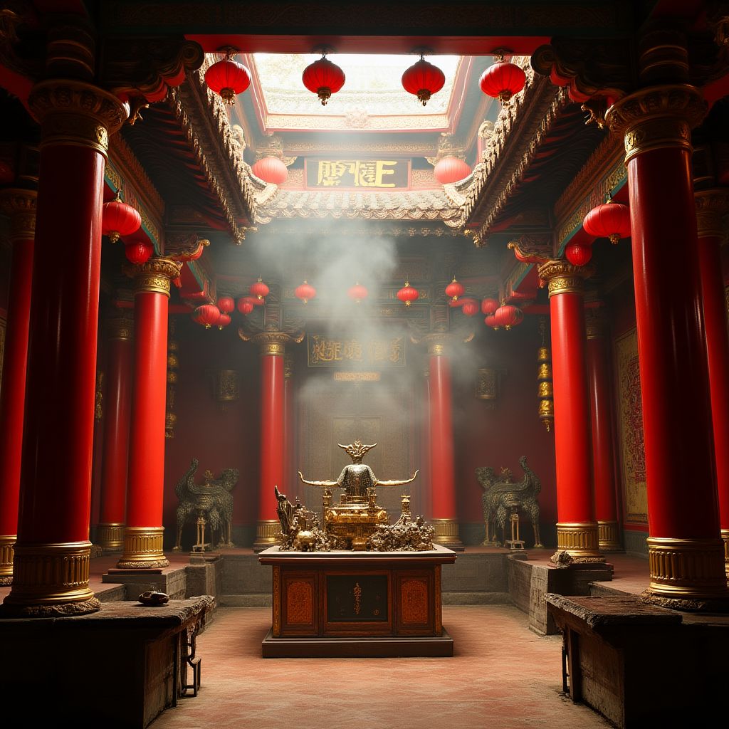 Man Mo Temple interior with hanging incense coils