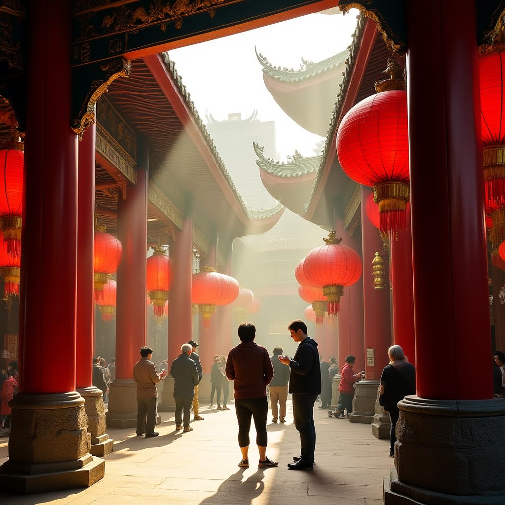 Wong Tai Sin Temple with incense coils and worshippers