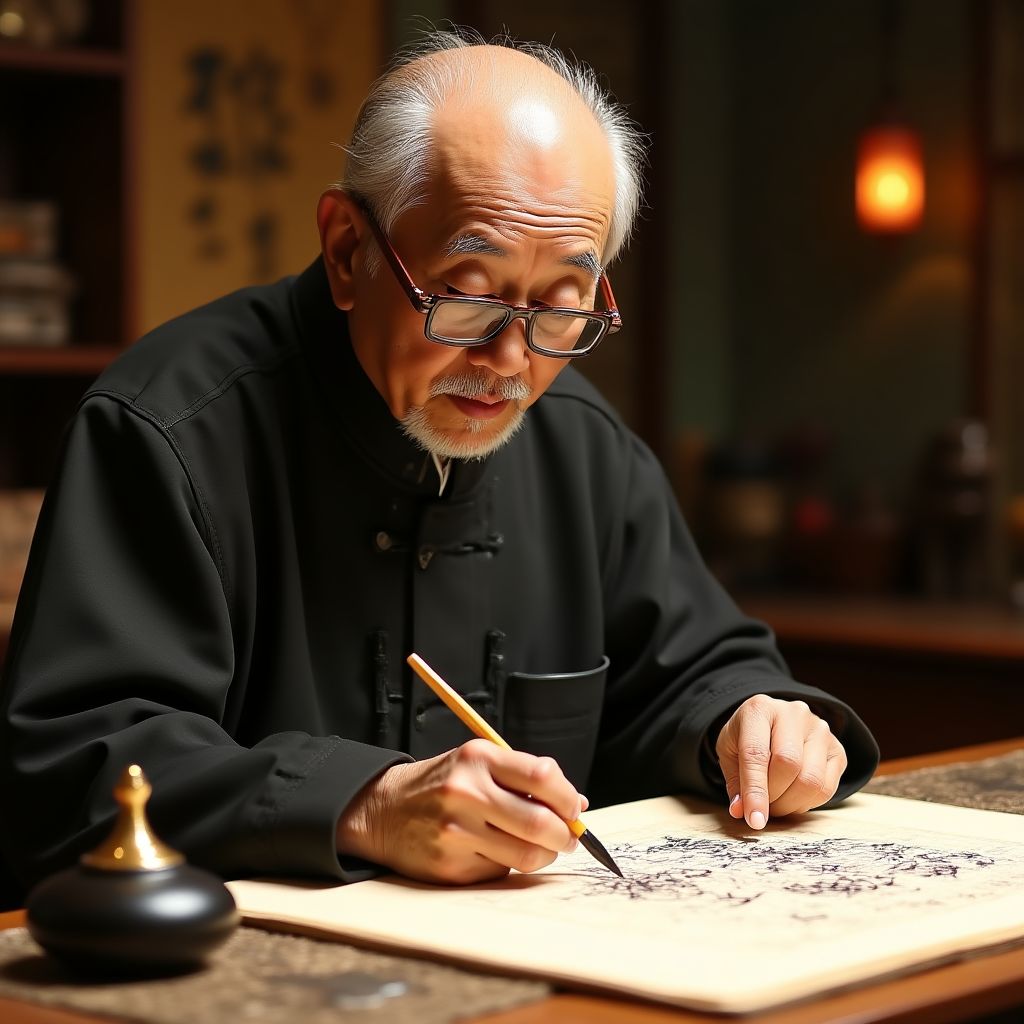Traditional Chinese calligraphy workshop with instructor demonstrating brush techniques